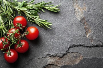 Cluster of cherry tomatoes on vine accompanied by fresh rosemary on a slate surface