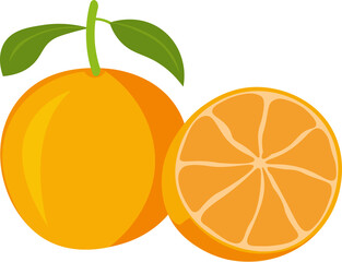 A vibrant, stylized slice of an orange with leaves, showcasing its segmented interior.