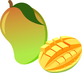 A tropical ripe mango, transitioning from green to orange, with a single leaf.