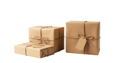Three brown paper packages tied with twine isolated on transparent background