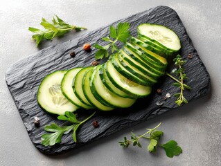 Fresh cucumber slices arranged in a fan shape on a dark slate board against a white background