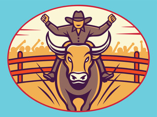 Retro Rodeo Cowboy Riding a Bucking Bull with Cheering Crowd Illustration