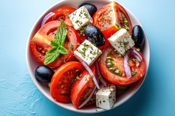 Fresh Greek salad with tomatoes, feta, olives, and oregano in minimalist style against blue background