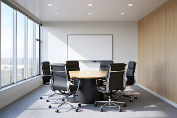 Modern bright office boardroom meeting space with whiteboard.