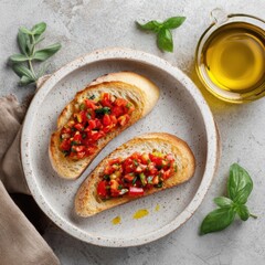 Minimalist Italian bruschetta with tomatoes and basil on toasted bread served on ceramic plate