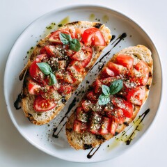 Minimalist view of Italian bruschetta with fresh tomatoes and basil on toasted bread