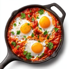 Delicious shakshuka with poached eggs in tomato sauce served in a cast iron skillet