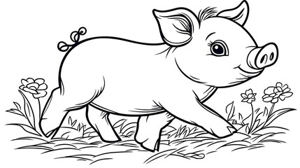 Fototapeta premium Cute piglet in a field of flowers.