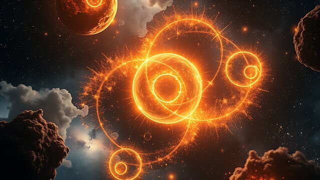 A cosmic nursery where hydrogen atoms dance as stardust condenses into elemental spheres.