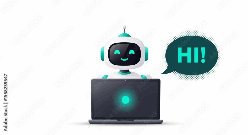 Fototapete a cute robot with a speech bubble saying hi sitting behind a laptop on a white background vector art