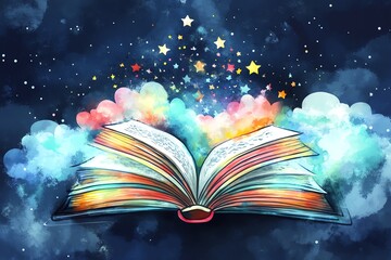 Naklejka premium Colorful magic watercolor cloud design element with Read more books motivation lettering Opened book with vertical watercolour night sky with stars background Education