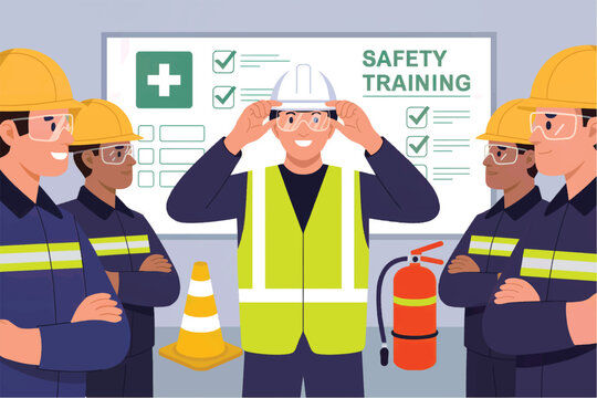 Diverse team of construction workers attending safety training session with checklist and equipment isolated on white background
