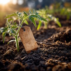 Single tomato variety tag on a young plant in early morning light at a garden