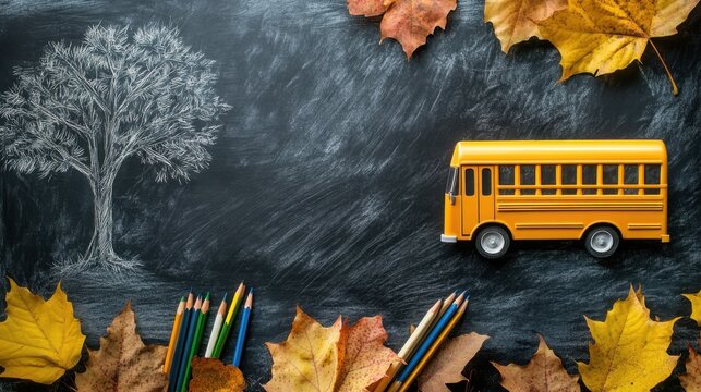 A yellow school bus toy, colored pencils, and autumn leaves are arranged on a blackboard surface with a chalk drawing of a tree
