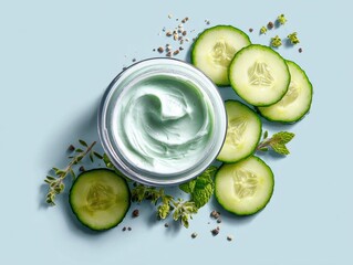 Soothing cucumber extract skincare cream jar with fresh slices on a soft blue background