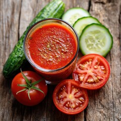 Delicious Spanish gazpacho served in a glass bowl with fresh tomatoes and cucumbers on rustic wood