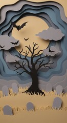 Artistic paper cutout depicting a spooky Halloween scene with a full moon, bats, and a graveyard.