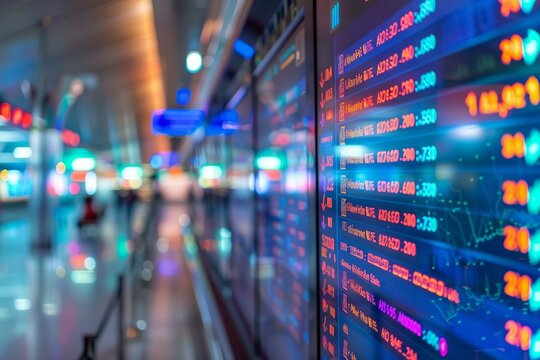 Stock market board displaying share prices going up and down during trading session