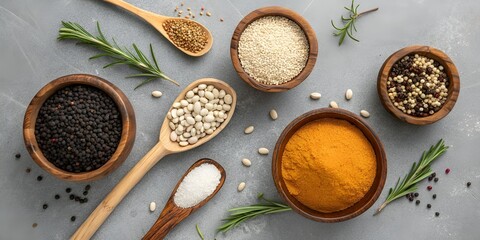 Assortment of Spices and Herbs in Wooden Bowls and Spoons on Gray Background