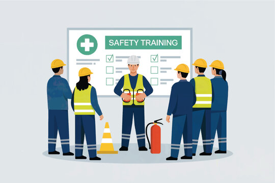 Diverse group of workers in hard hats and safety vests attending a safety training session with checklist isolated on white background