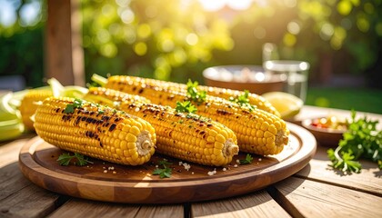 Grilled corn on wooden board outdoors