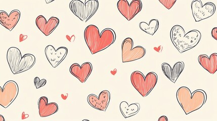 Doodle style uneven tiny different outline hearts seamless repeat vector pattern Valentines day hand drawn background, template Various cute little heart shapes regular texture