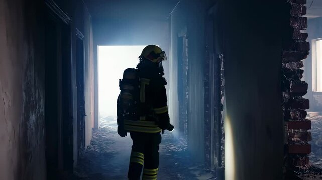 Firefighter in damaged interior hallway