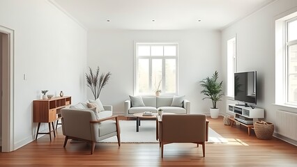 Fototapeta premium A minimalist living room featuring mid-century furniture and natural light, creating a serene ambiance.