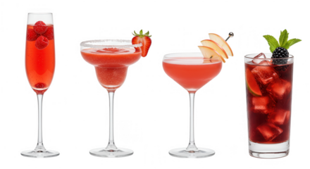 Four assorted red cocktails garnished with fruit and mint isolated on transparent background