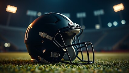 A dramatic low-angle shot of a football helmet on turf, capturing sports energy and intensity.