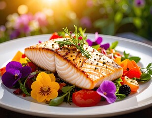 Grilled fish with colorful flower salad