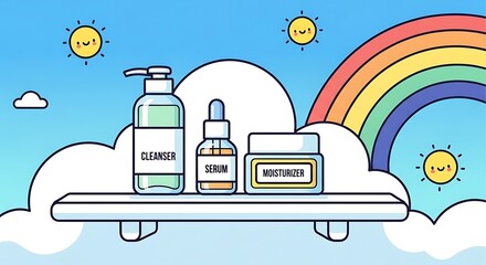 Bright skincare routine products displayed on a shelf amidst cheerful sun, clouds, and a rainbow.
