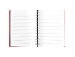 Open spiralbound notebook with blank lined pages isolated on transparent background