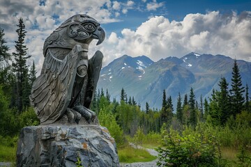 Imposing eagle sculpture, crafted with intricate detail, stands as a testament to nature's grandeur against a backdrop of majestic alaskan mountains