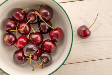 Sweet ripe cherry, macro, top view.