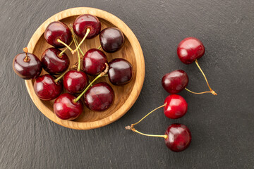 Sweet ripe cherry, macro, top view.