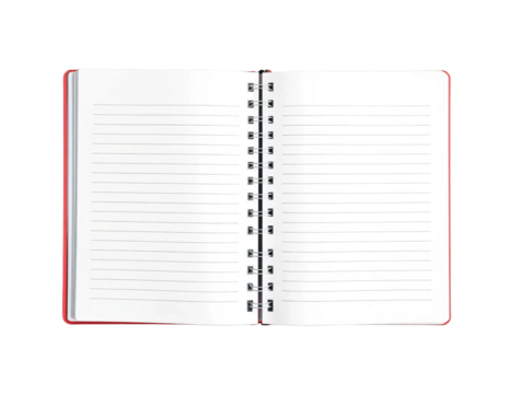 Open spiralbound notebook with blank lined pages isolated on transparent background