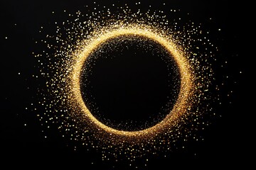 Golden splash or glittering spangles round frame with empty center for text Gold circle made of tiny uneven dots abstract background Golden blobs textured round frame on black back