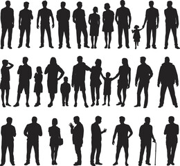 Silhouettes of diverse people including families, children, and individuals, standing together, social interaction, walking poses, vector illustration, community concept, group collection