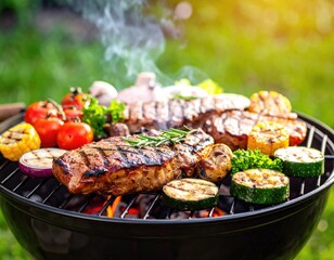 Grilled meat and vegetables on a barbecue