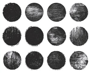 Grungy textured hand printed circle shapes collection Linocut vector relief block printing round rough worn scuffed textures set Lino ink grunge text frame templates Artistic circl