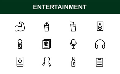 Professional Entertainment Icons Pack with Minimal Line Art Featuring Media, Music, Cinema, and Gaming
