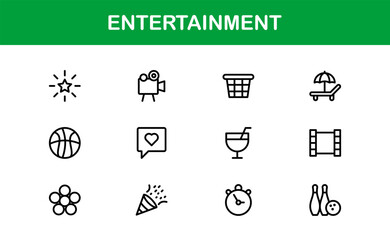 Professional Entertainment Icons Pack with Minimal Line Art Featuring Media, Music, Cinema, and Gaming