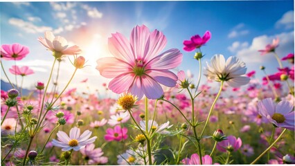 A wide field filled with blooming cosmos flowers in full sunlight, soft pink and white petals swaying gently in the breeze.