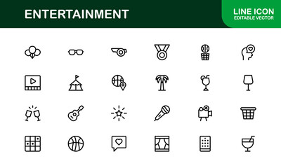 Professional Entertainment Icons Pack with Minimal Line Art Featuring Media, Music, Cinema, and Gaming