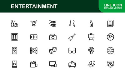 Professional Entertainment Icons Pack with Minimal Line Art Featuring Media, Music, Cinema, and Gaming