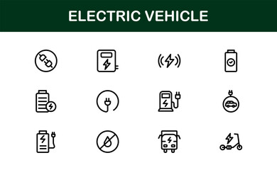 Electric Vehicle Line Icon Set. Modern, minimal, professional electric mobility line icon set showcasing EV technology, charging, battery, car, and sustainability concepts.
