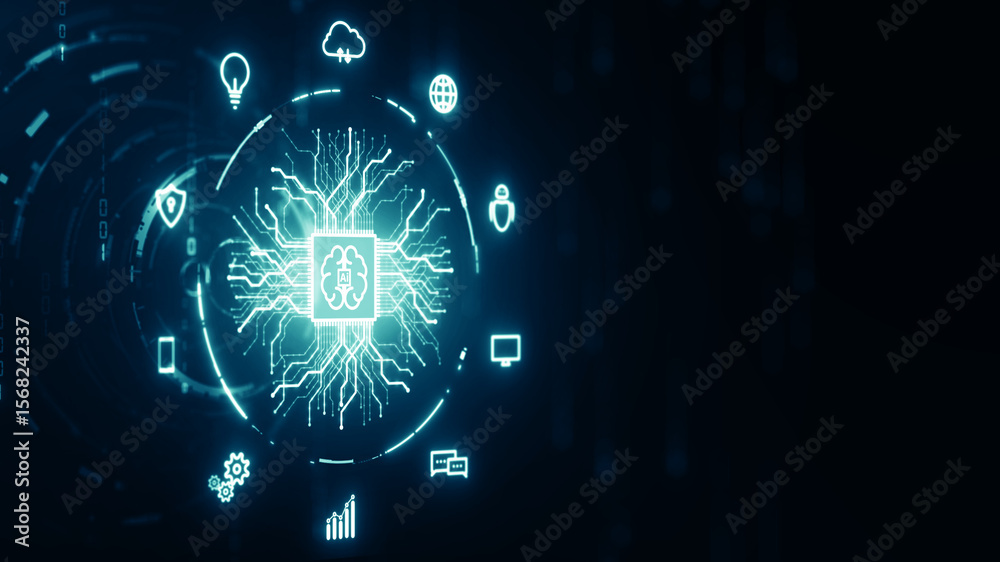 Poster artificial intelligence neural network with digital brain circuit and technology icons on dark backg