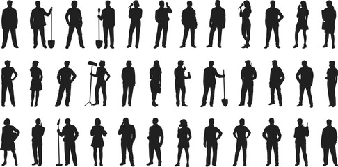 Silhouettes of Diverse People Standing in Different Poses, Teamwork, Communication Concept, Business and Casual Professionals, Black Vector Illustration Set