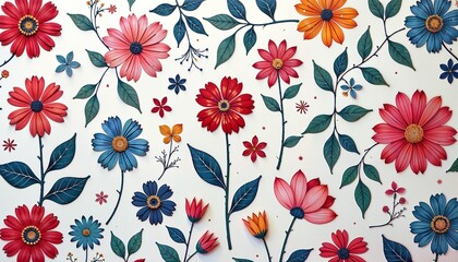 Seamless floral pattern with colorful paper-style flowers and leaves on white background for decoration. 